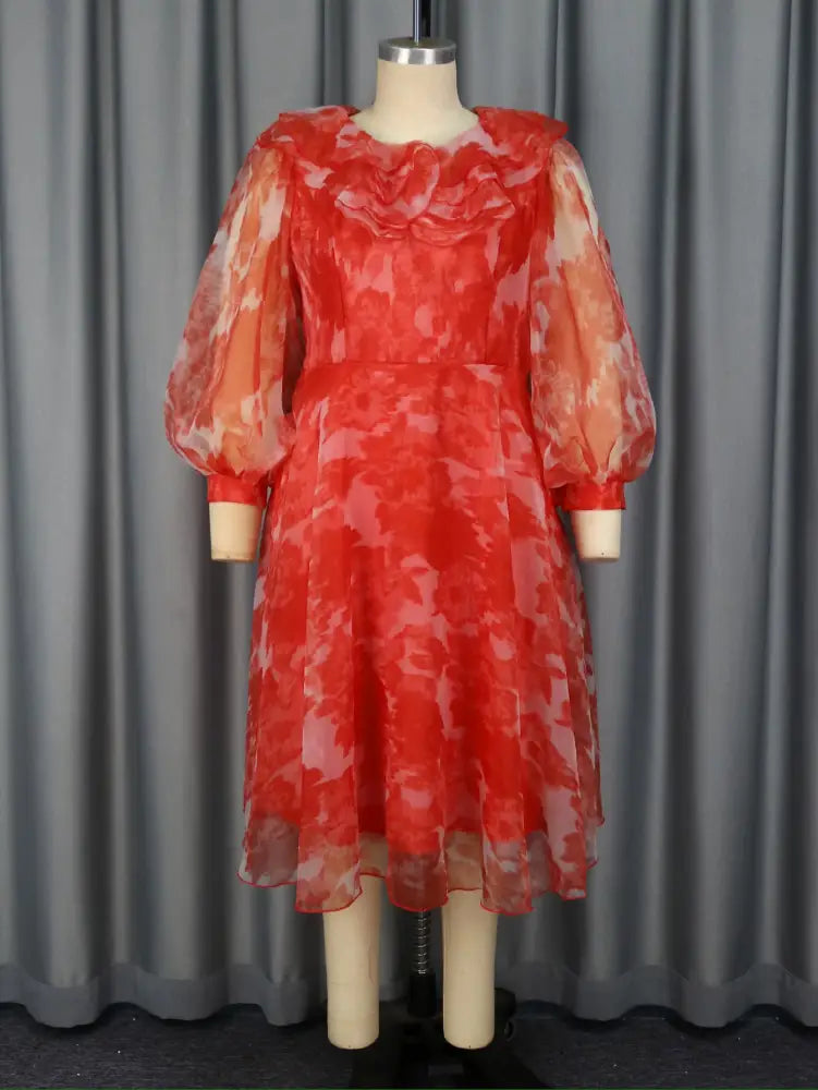 AOMEIDRESS Red Print Round Neck Puff Sleeve Wedding Dress Flouncy
