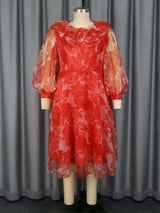 AOMEIDRESS Red Print Round Neck Puff Sleeve Wedding Dress Flouncy
