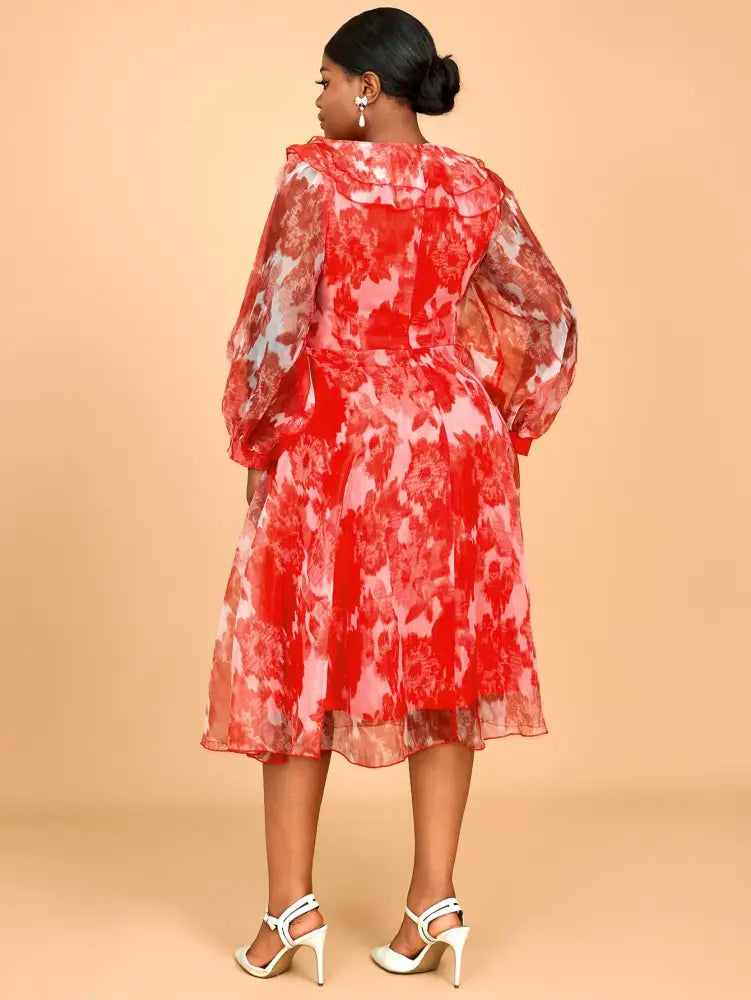 AOMEIDRESS Red Print Round Neck Puff Sleeve A Line Wedding Party Outfits Dress Flouncy
