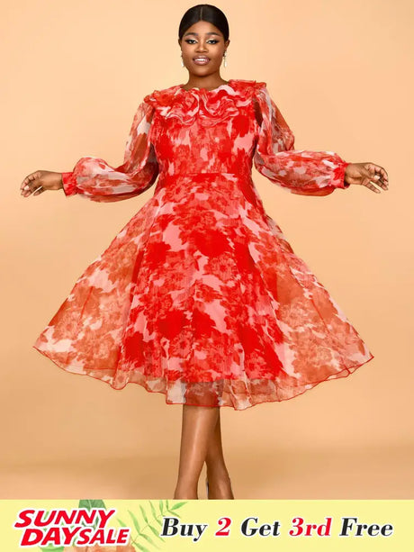 AOMEIDRESS Red Print Round Neck Puff Sleeve Wedding Party Dress Flouncy
