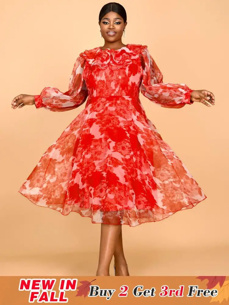 AOMEIDRESS Red Print Round Neck Puff Sleeve Wedding Party Dress Flouncy
