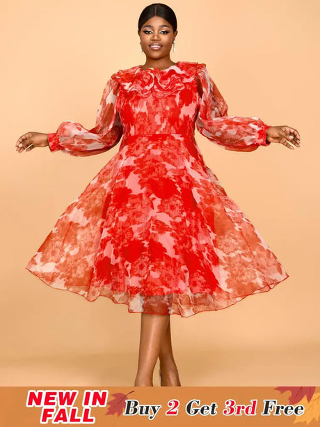 AOMEIDRESS Red Print Round Neck Puff Sleeve Wedding Party Dress Flouncy
