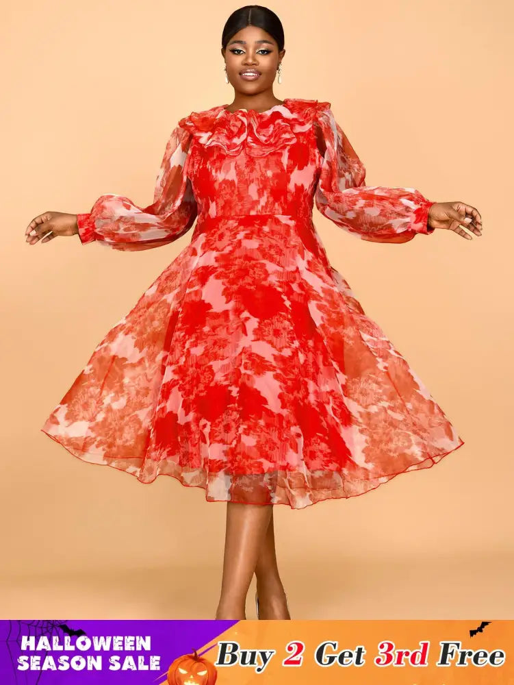 AOMEIDRESS Red Print Round Neck Puff Sleeve Wedding Party Dress Flouncy
