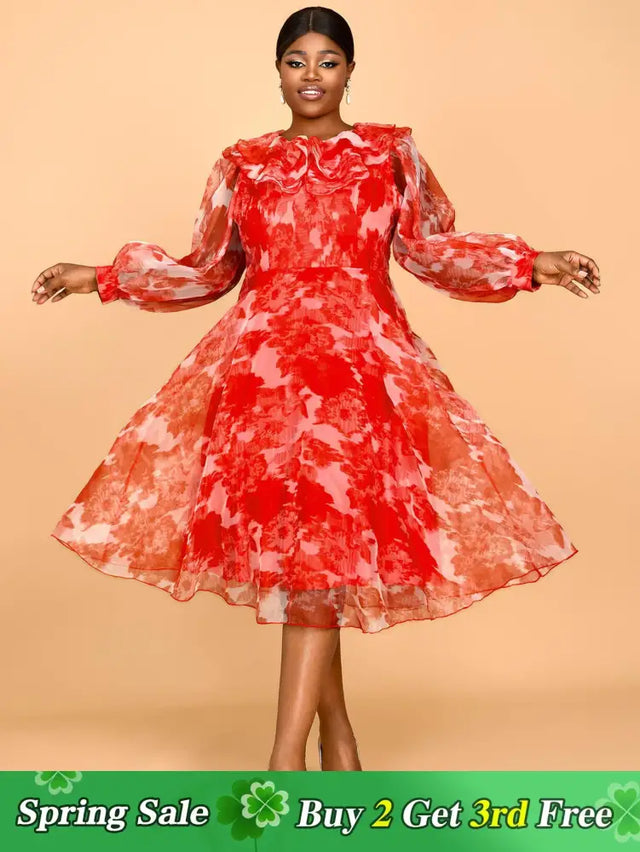 AOMEIDRESS Red Print Round Neck Puff Sleeve Wedding Party Dress Flouncy
