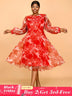 AOMEIDRESS Red Print Round Neck Puff Sleeve Wedding Party Dress Flouncy
