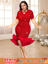red sequins v neck dresses for women