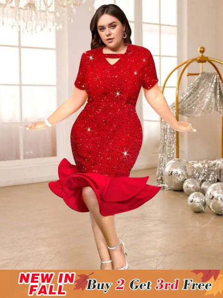 red sequins v neck dresses for women