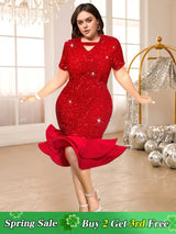 red sequins v neck dresses for women