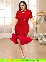 red sequins v neck dresses for women