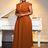 AOMEIDRESS Red V Neck Sleeveless Button High Waist Long Pleated Dress Brown / 0XL