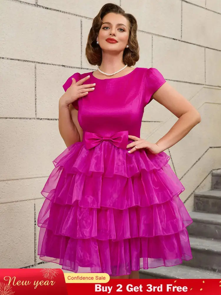 AOMEIDRESS Retro A Line Tiered Dress with Bow Round Neck Design
