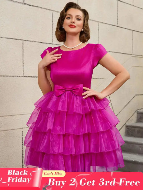AOMEIDRESS Retro A Line Tiered Dress with Bow Round Neck Design
