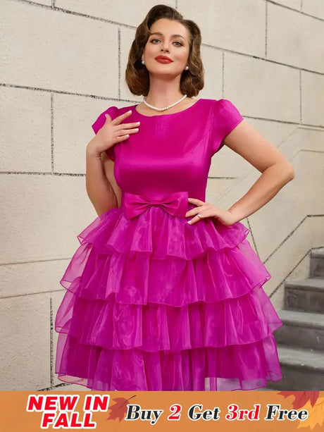 AOMEIDRESS Retro A Line Tiered Dress with Bow Round Neck Design
