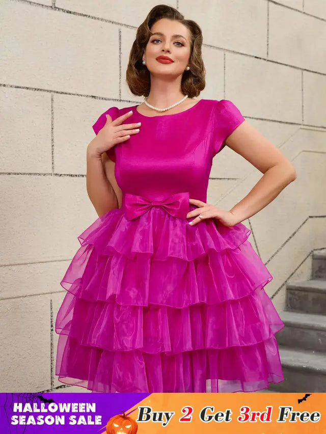 AOMEIDRESS Retro A Line Tiered Dress with Bow Round Neck Design
