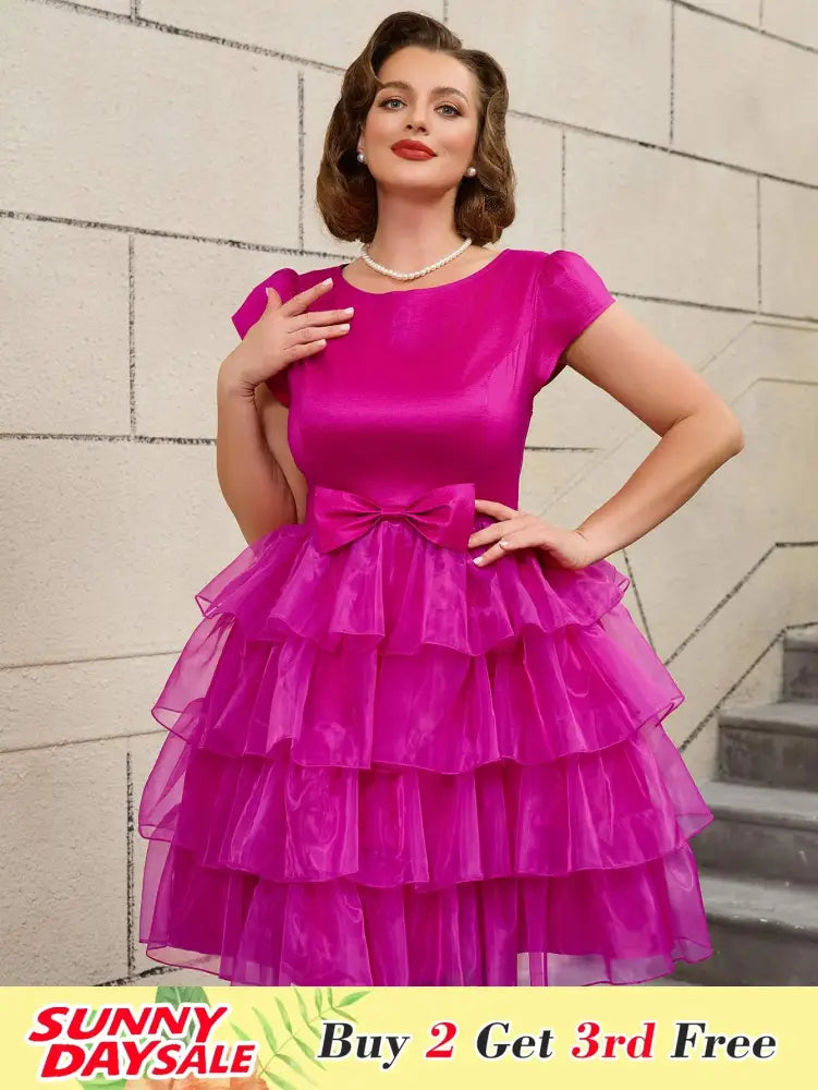 AOMEIDRESS Retro A Line Tiered Dress with Bow Round Neck Design
