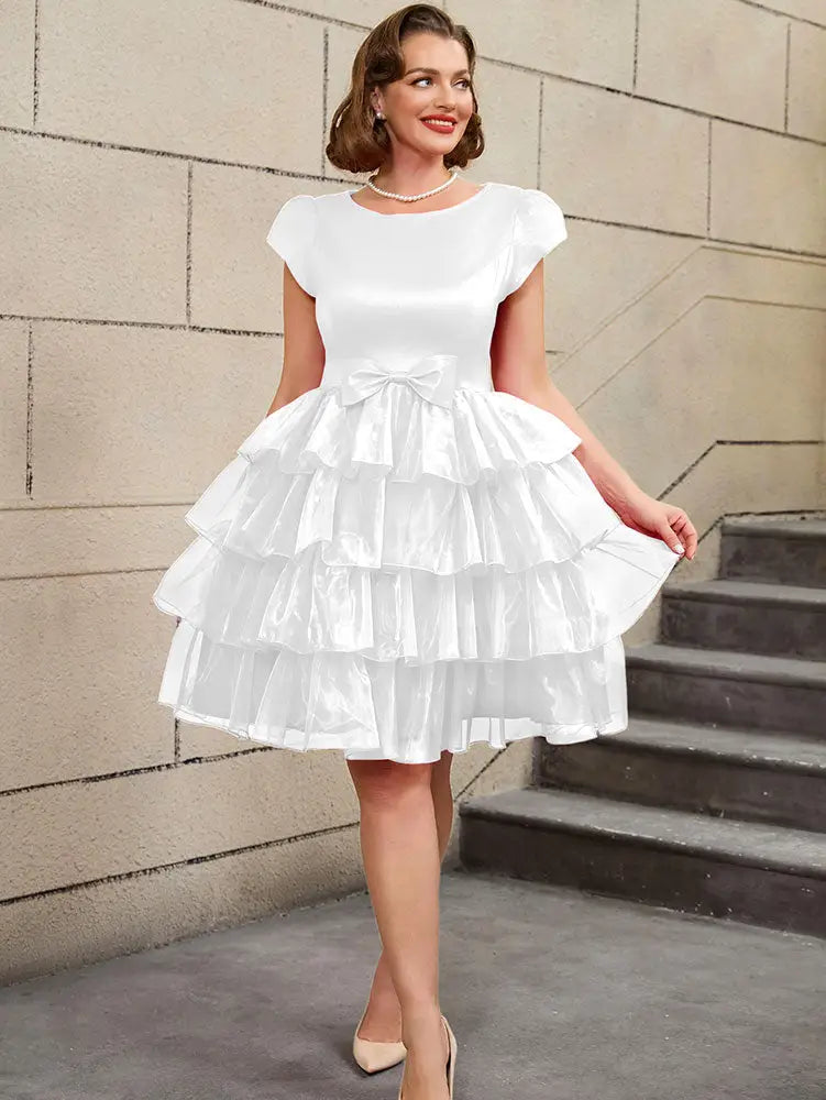 AOMEIDRESS Retro A Line Tiered Dress with Bow Round Neck Design Plus Size Prom Dresses White / S