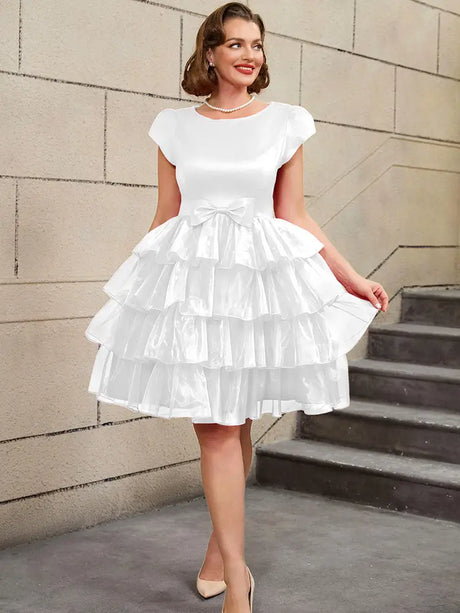 AOMEIDRESS Retro A Line Tiered Dress with Bow Round Neck Design Plus Size Prom Dresses White / S