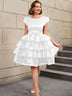 AOMEIDRESS Retro A Line Tiered Dress with Bow Round Neck Design Plus Size Prom Dresses White / S