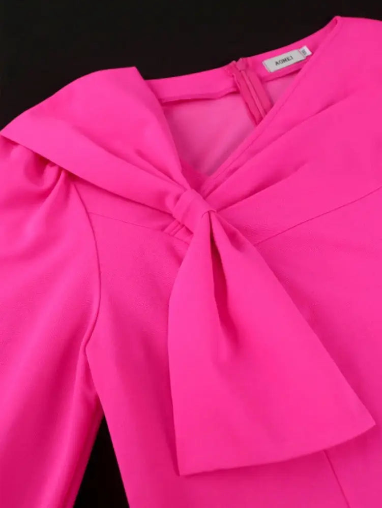 AOMEIDRESS Rose A Line Dress Asymmetrical Neck Bowtie Long Sleeves