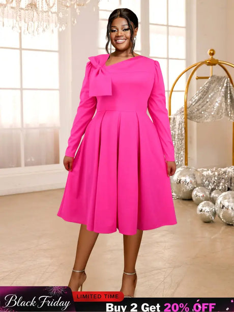 AOMEIDRESS Rose A Line Dress Asymmetrical Neck Bowtie Long Sleeves Rose / S