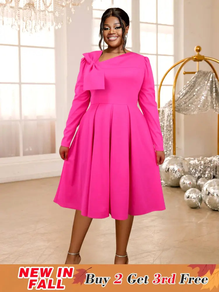 AOMEIDRESS Rose A Line Dress Asymmetrical Neck Bowtie Long Sleeves Rose / S