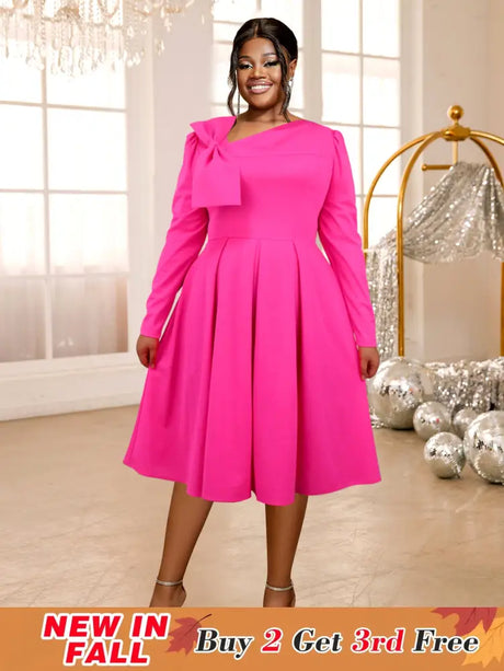 AOMEIDRESS Rose A Line Dress Asymmetrical Neck Bowtie Long Sleeves Rose / S