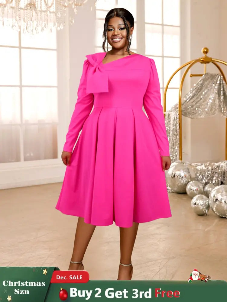 AOMEIDRESS Rose A Line Dress Asymmetrical Neck Bowtie Long Sleeves Rose / S