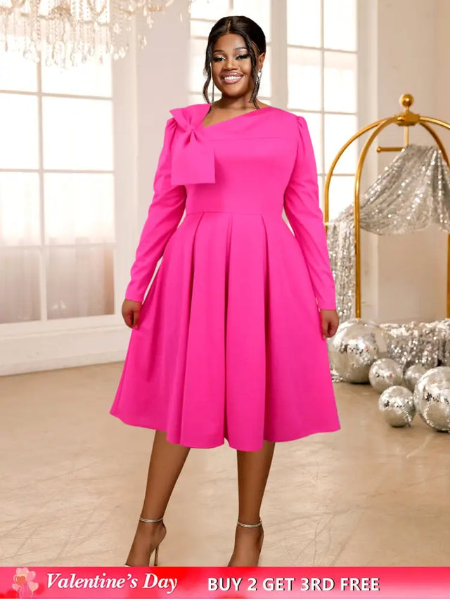 AOMEIDRESS Rose A Line Dress Asymmetrical Neck Bowtie Long Sleeves Rose / S