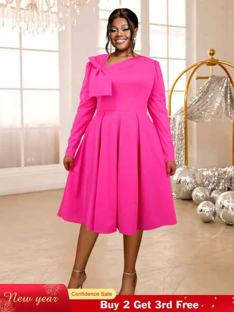 AOMEIDRESS Rose A Line Dress Asymmetrical Neck Bowtie Long Sleeves Rose / S