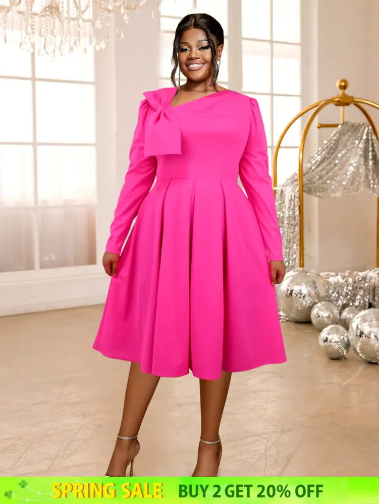AOMEIDRESS Rose A Line Dress Asymmetrical Neck Bowtie Long Sleeves Rose / S