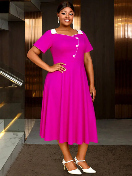 AOMEIDRESS Rose A Line Dress with Colorblock Irregular Neck Buttons