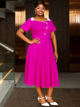 AOMEIDRESS Rose A Line Dress with Colorblock Irregular Neck Buttons