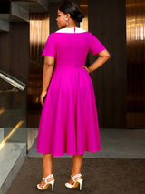 AOMEIDRESS Rose A Line Dress with Colorblock Irregular Neck Buttons