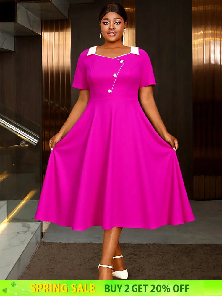 AOMEIDRESS Rose A Line Dress with Colorblock Irregular Neck Buttons Rose / L