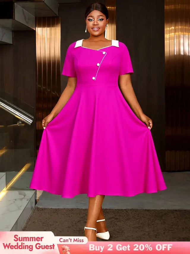 AOMEIDRESS Rose A Line Dress with Colorblock Irregular Neck Buttons Rose / L