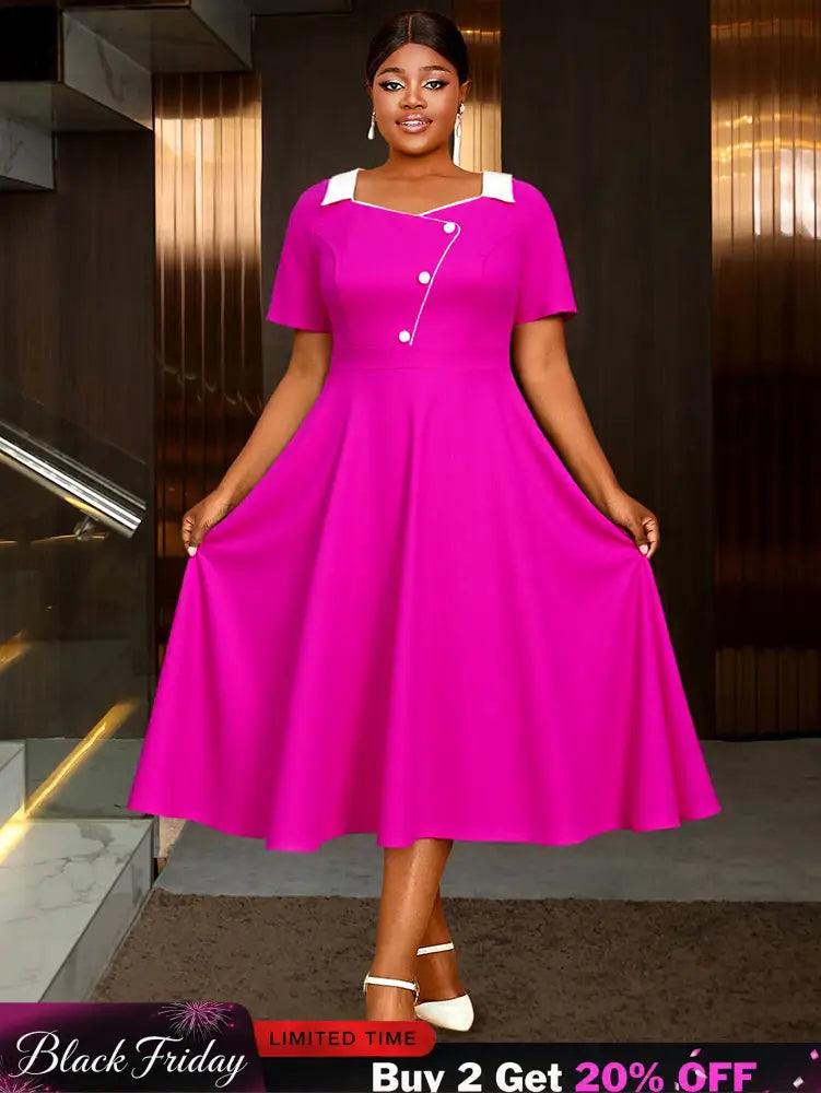 AOMEIDRESS Rose A Line Dress with Colorblock Irregular Neck Buttons Rose / L
