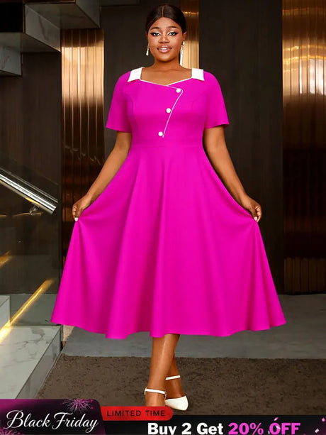 AOMEIDRESS Rose A Line Dress with Colorblock Irregular Neck Buttons Rose / L