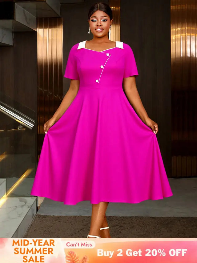 AOMEIDRESS Rose A Line Dress with Colorblock Irregular Neck Buttons Rose / L