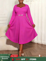 AOMEIDRESS Rose A Line Pleated Church Dress Long Sleeve Diamond Belt