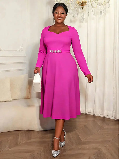 AOMEIDRESS Rose A Line Pleated Church Dress Long Sleeve Diamond Belt