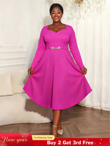 AOMEIDRESS Rose A Line Pleated Church Dress Long Sleeve Diamond Belt Rose / L