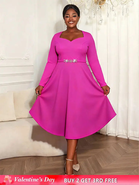 AOMEIDRESS Rose A Line Pleated Church Dress Long Sleeve Diamond Belt Rose / L