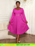 AOMEIDRESS Rose A Line Pleated Church Dress Long Sleeve Diamond Belt Rose / L