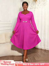 AOMEIDRESS Rose A Line Pleated Church Dress Long Sleeve Diamond Belt Rose / L