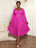 AOMEIDRESS Rose A Line Pleated Church Dress Long Sleeve Diamond Belt Rose / L