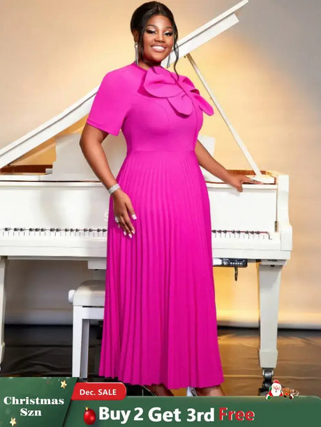 AOMEIDRESS Rose Casual Dresses O Neck Ankle Length Short Sleeves Pleated Big Bow