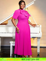 AOMEIDRESS Rose Casual Dresses O Neck Ankle Length Short Sleeves Pleated Big Bow