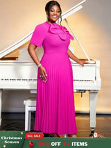 AOMEIDRESS Rose Casual Dresses O Neck Ankle Length Short Sleeves Pleated Big Bow