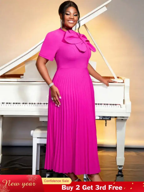 AOMEIDRESS Rose Casual Dresses O Neck Ankle Length Short Sleeves Pleated Big Bow