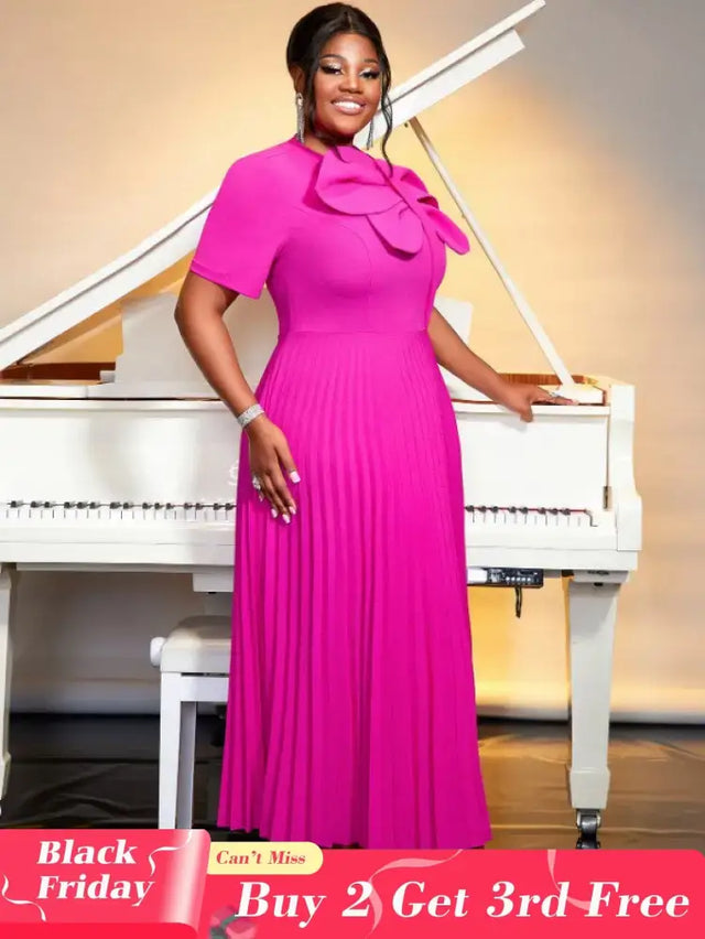 AOMEIDRESS Rose Casual Dresses O Neck Ankle Length Short Sleeves Pleated Big Bow